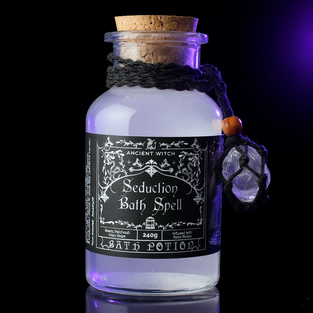 Ancient Witch Bath Spell Potion & Amethyst Crystal Amulet - Seduction