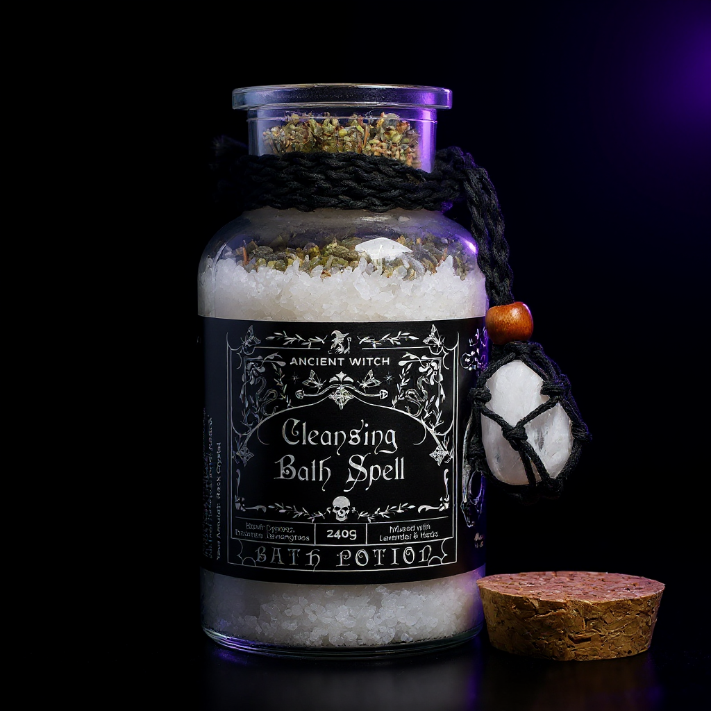 Ancient Witch Bath Spell Potion & Rock Crystal Amulet - Cleansing