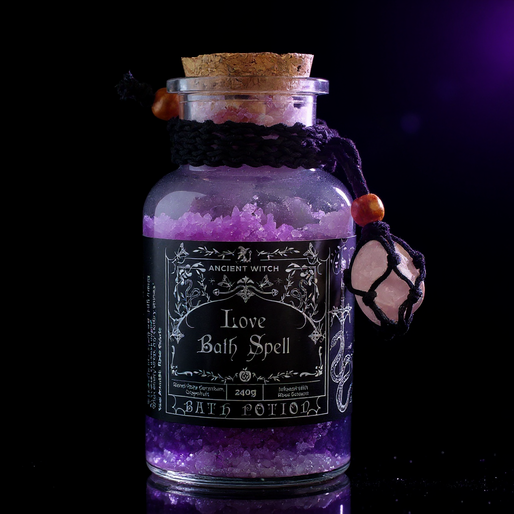 Ancient Witch Bath Spell Potion & Rose Quartz Crystal Amulet - Love