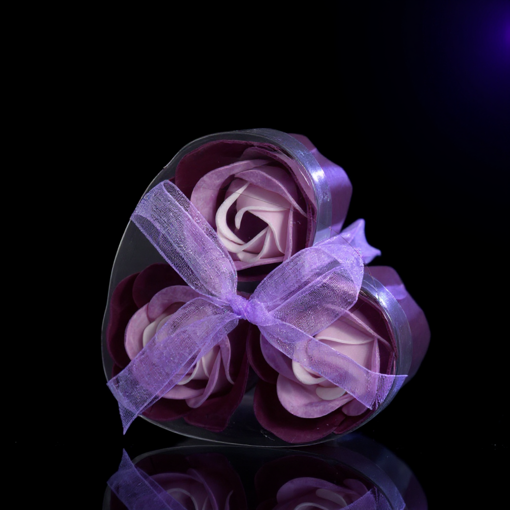 Set of 3 Soap Flower Heart Box - Lavender Roses